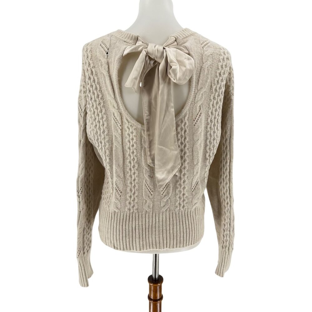 Express Cream Cable Knit Sweater with Back Bow Detail